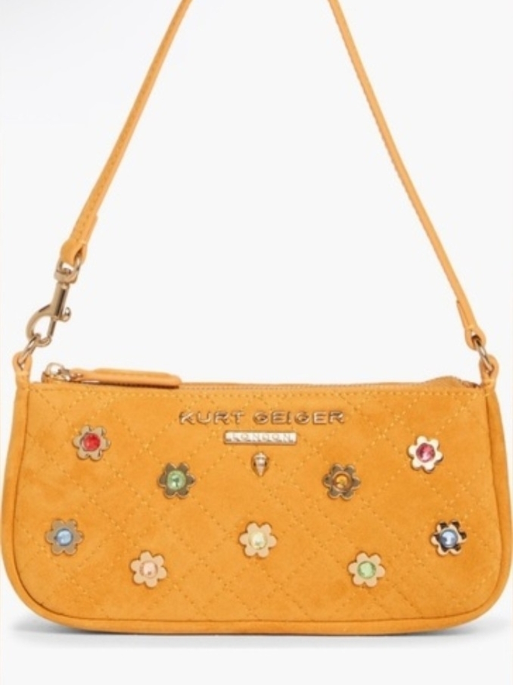 Kurt Geiger Highgate Orange Quilted Mini Shoulder Bag with Floral Metal Studs